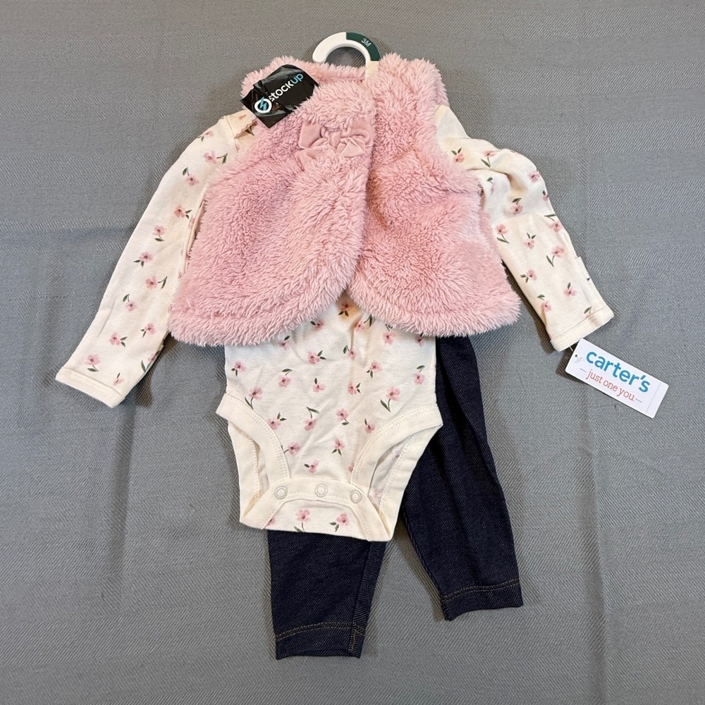Carters Just One You Baby Girl 3 Piece Set Pink Faux Fur Vest Floral 3M 2313